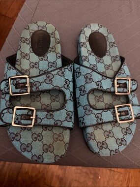 Double Buckle GG Monogram Slide Sandals in Blue-Black